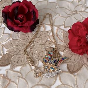 Betsy Johnson Beautiful Multicolor Rhinestone Bird Necklace with Gold Tone Chain